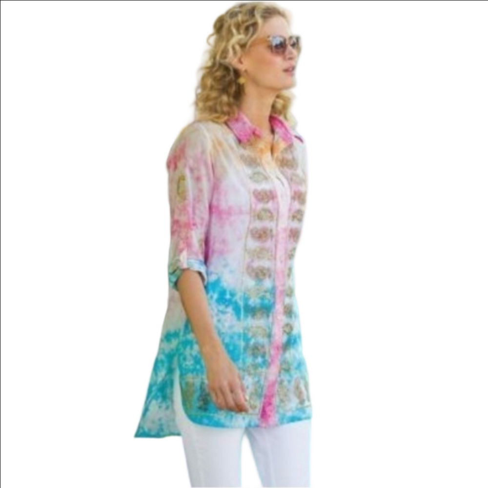 Soft Surroundings Gilded Paisley Tie-dye Sheer Button Up Sequin Ombre Shirt Top